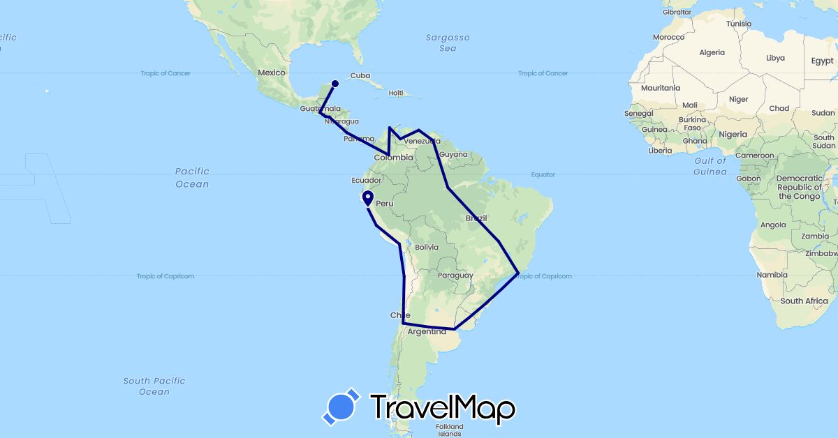 TravelMap itinerary: driving in Argentina, Brazil, Chile, Colombia, Costa Rica, Guatemala, Mexico, Peru, El Salvador, Venezuela (North America, South America)